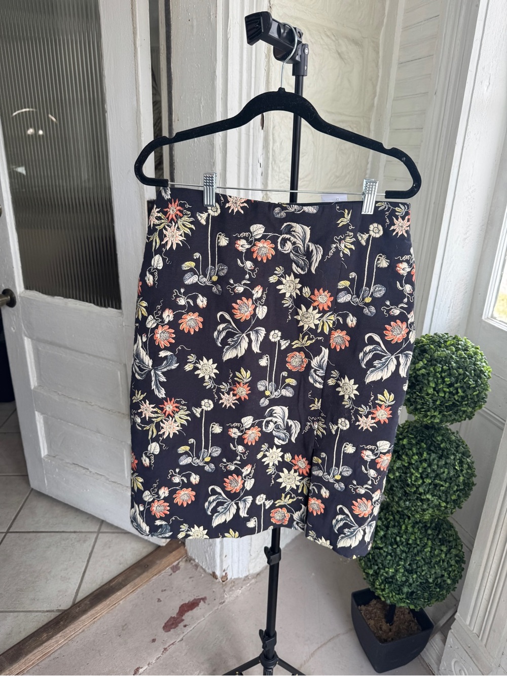Ann Taylor Black Mini Skirt with Coral and Cream Floral Print